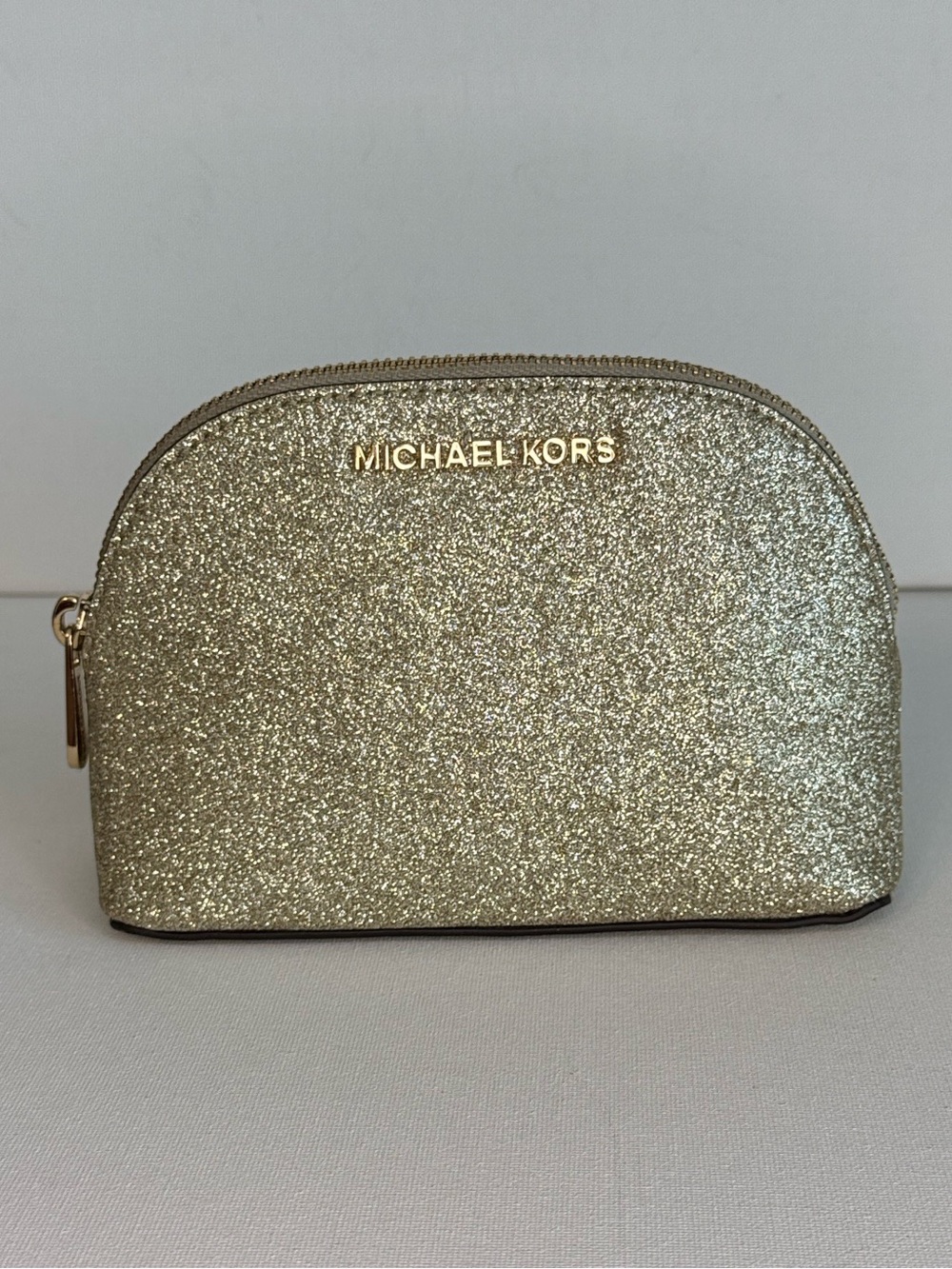 Michael Kors Gold Glitter Cosmetic Case Domed Travel Makeup Pouch Bag